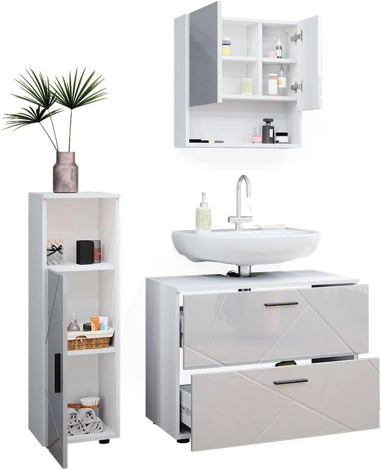 Set mobili bagno Irma, Bianco lucido, 80 cm, composto da mobile sottolavabo, specchiera e mobile medio