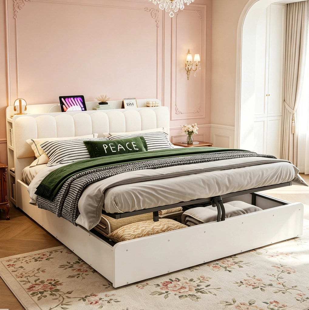 Letto matrimoniale 180x200 cm in legno bianco con contenitore idraulico; testiera imbottita e USB