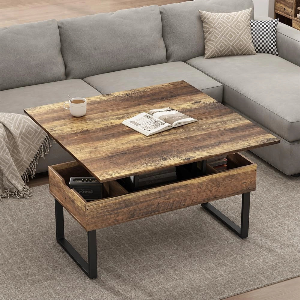 tavolino soggiorno Lifty, Rovere rustico, 100 x 50 cm con funzione di sollevamento, estendibile con piano regolabile in altezza e spazio contenitore