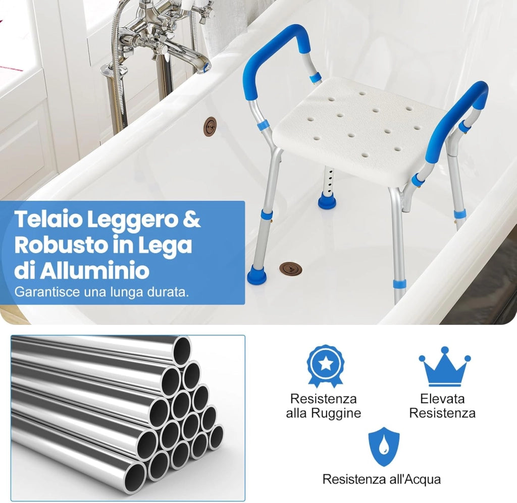 Sgabello Doccia, Sedia per Doccia Regolabile in 6 Altezze con Braccioli Imbottiti Staccabili e Piedini in Gomma Antiscivola, Portata 100 kg, Seggiolino da Bagno per Anziani (Blu)
