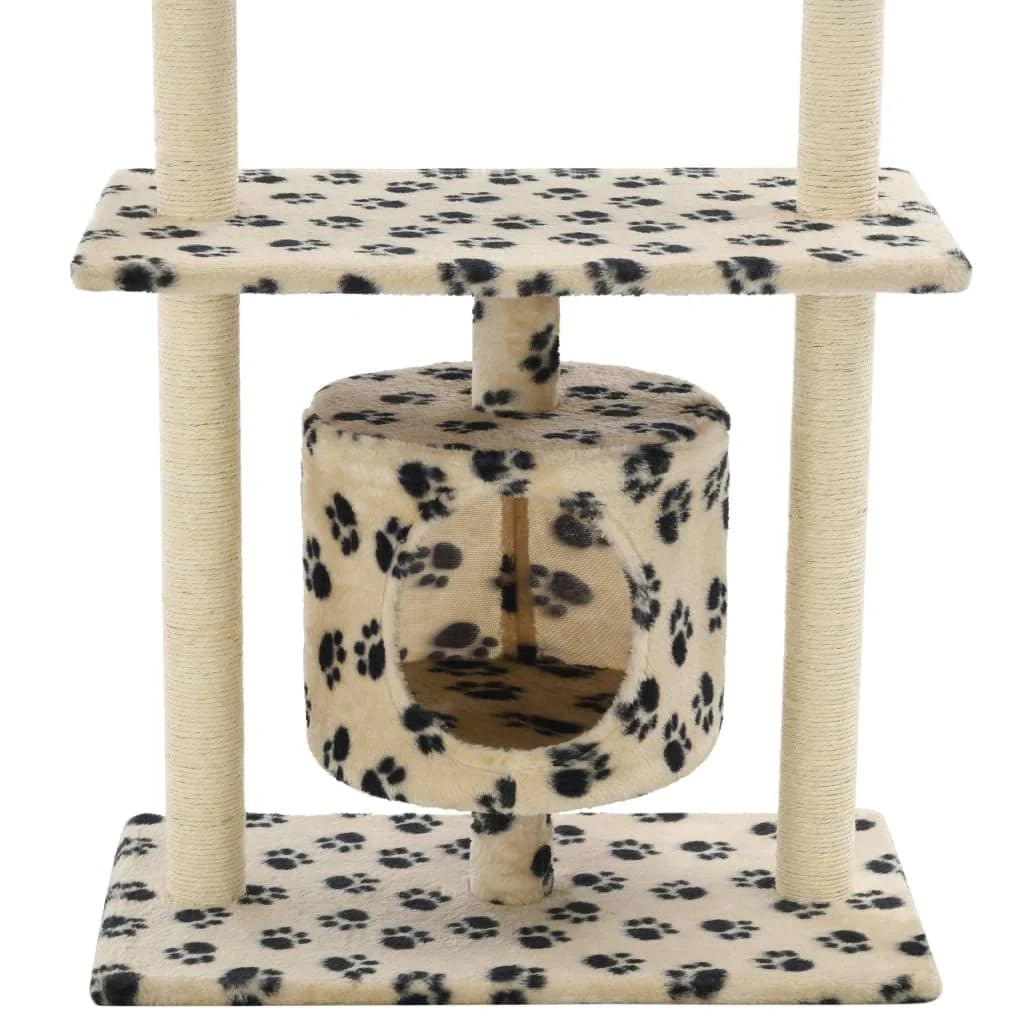 Tiragraffi albero per gatti cuccia per gatti peluche in sisal 95 cm beige con motivo a impronta di zampa 3702176