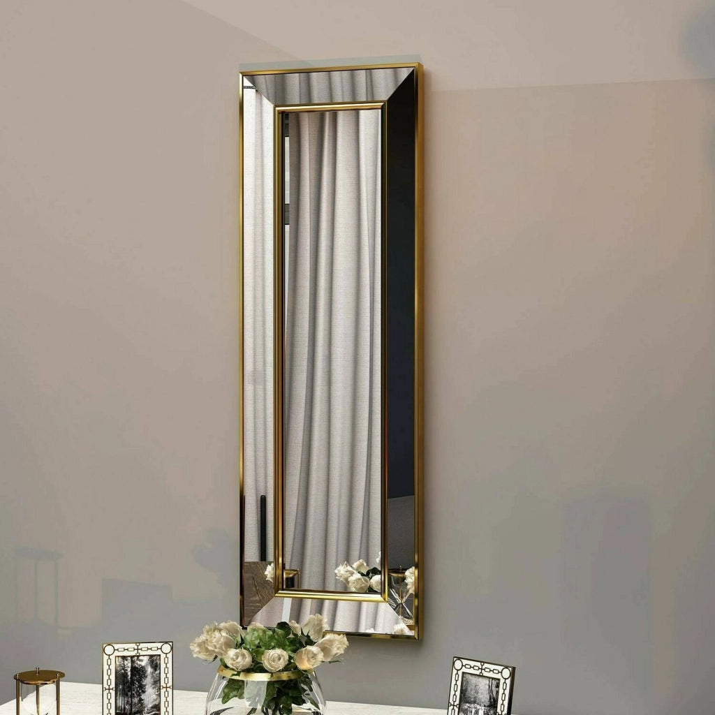 Specchio Auron, Specchiera, Articolo d'arredo a muro, Decorazione con specchio, 30x3h90 cm, Oro
