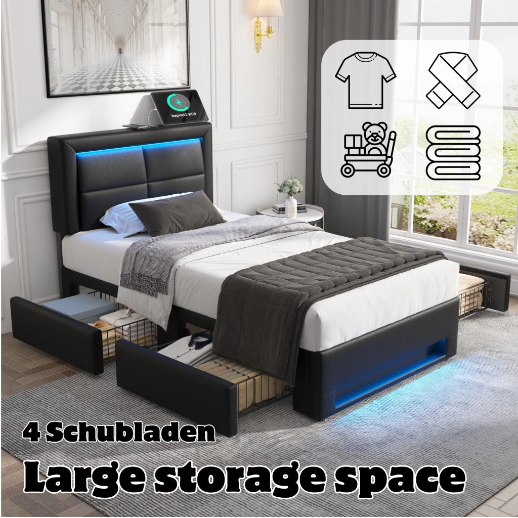 LETTO Imbottito 90x190 cm PU Nero con USB, LED e 4 cassetti