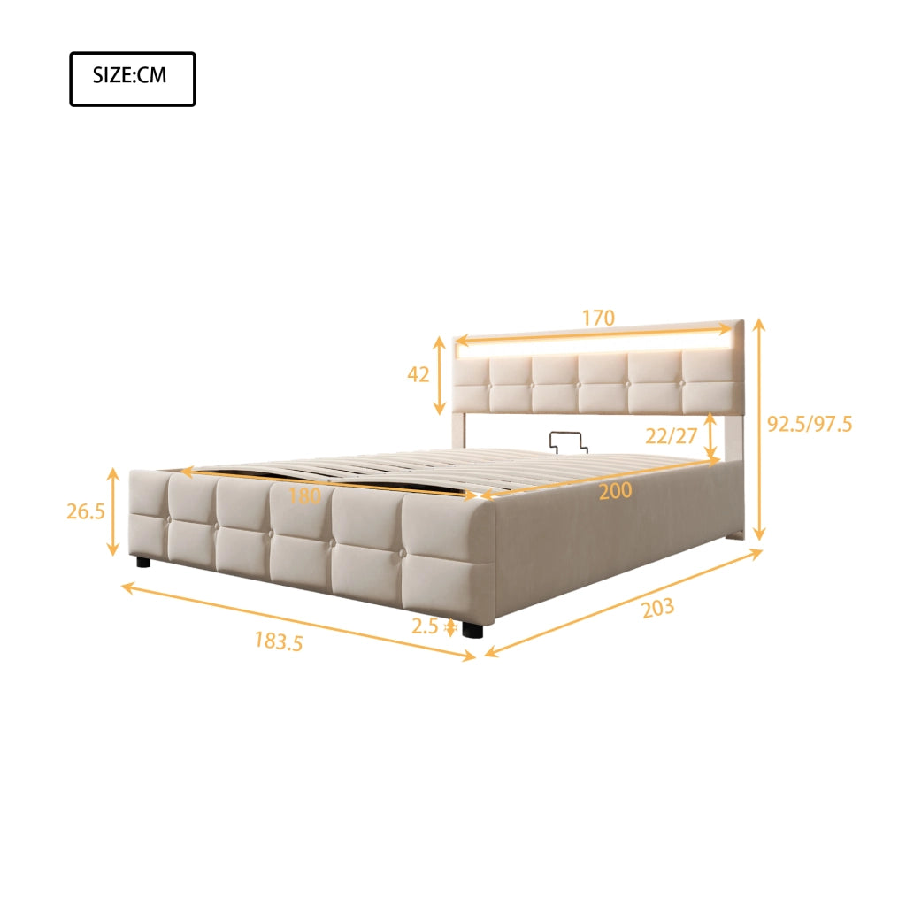 Letto contenitore matrimoniale 180×200 cm con LED; rete sollevabile; senza materasso; velluto; beige
