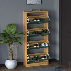 Scarpiera 4 Ante con Maniglia 63x24x150 cm Ripiani Doppia Profondità in MDF Quercia e Verde