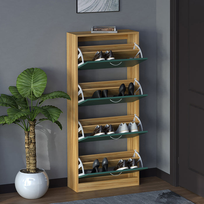 Scarpiera 4 Ante con Maniglia 63x24x150 cm Ripiani Doppia Profondità in MDF Quercia e Verde