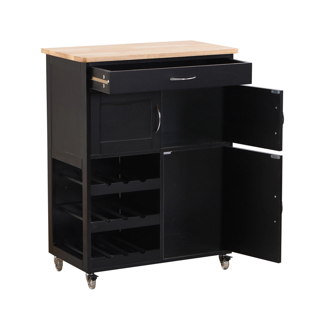Mobiletto da cucina Febe con ruote in legno nero e top in rovere