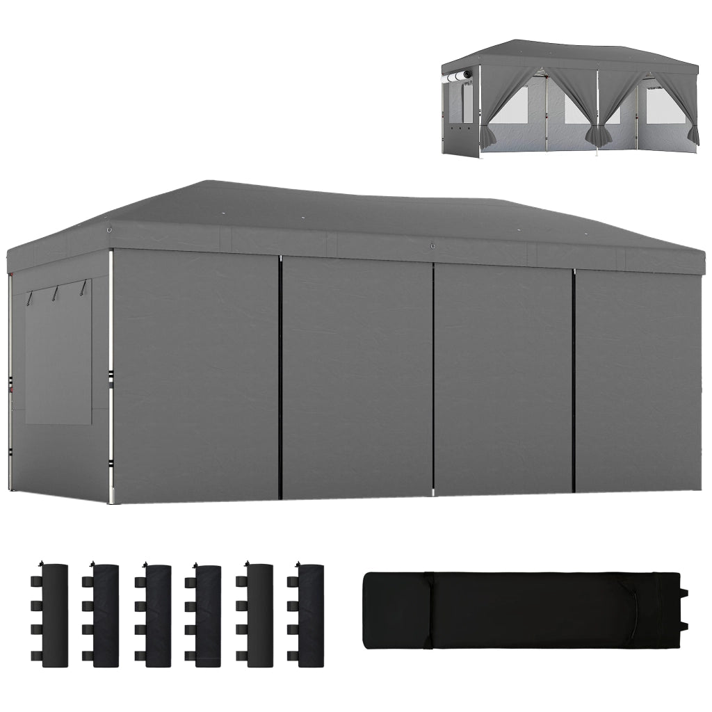 Gazebo Pieghevole 3x6 m con 6 Pareti Laterali, Sacchi e Picchetti, in Metallo e Tessuto Oxford, Grigio Scuro