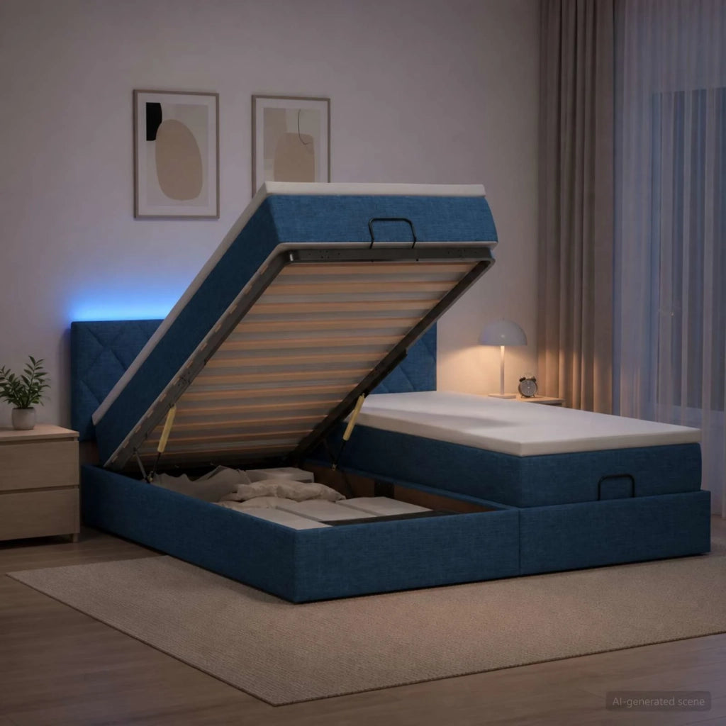 Letto Ottomano con Materasso e LED Blu 200 x 200 cm Tessuto 3457307