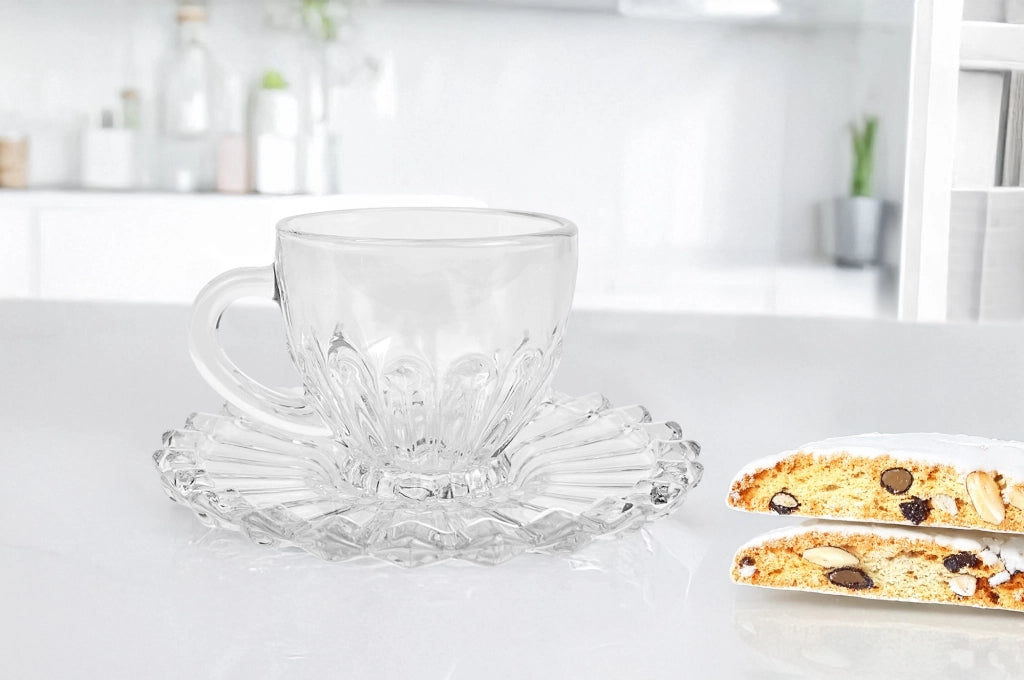 Set 6 Tazzine Caffè In Vetro Con Piattino Eleganti 110 ML Lavabili In Lavastoviglie Trasparenti Certificate Contatto Alimentare In Elegante Confezione Regalo Ricamate Tazza Servizio Bicchierini Lipsia