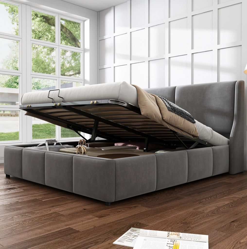 Letto contenitore 140x190 cm; testiera a orecchie; velluto grigio (Senza materasso)