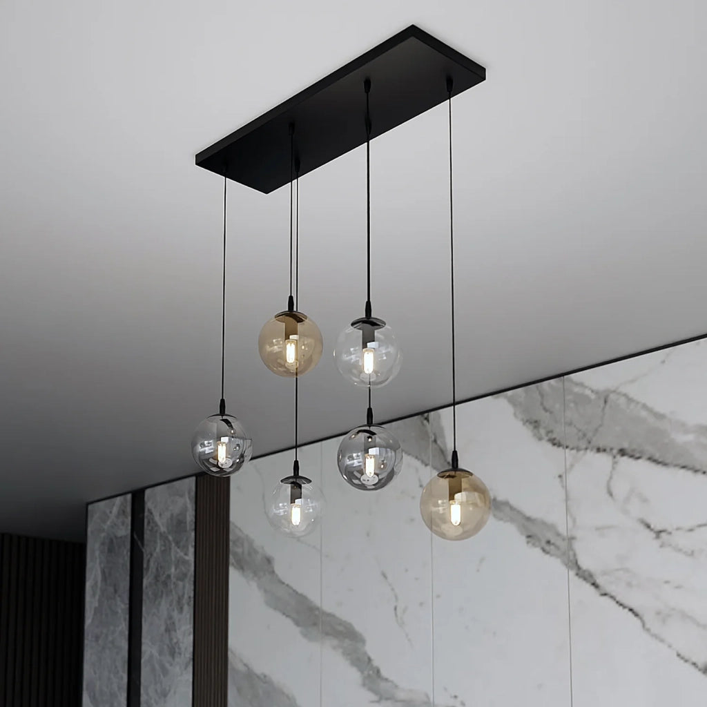 Sospensione Moderna 6 Luci Kali In Acciaio Nero E Sfere In Vetro Multicolor