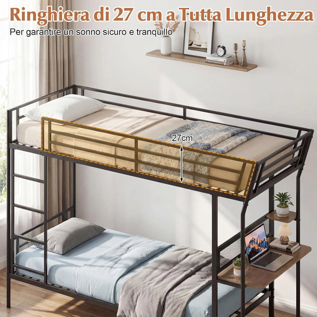 Letto a Castello con Scrivania, 90x190 cm, Struttura Letto in Metallo con Postazione di Lavoro in Legno, con Sponde di Sicurezza e Scala, Lettino Loft Carico 220 kg
