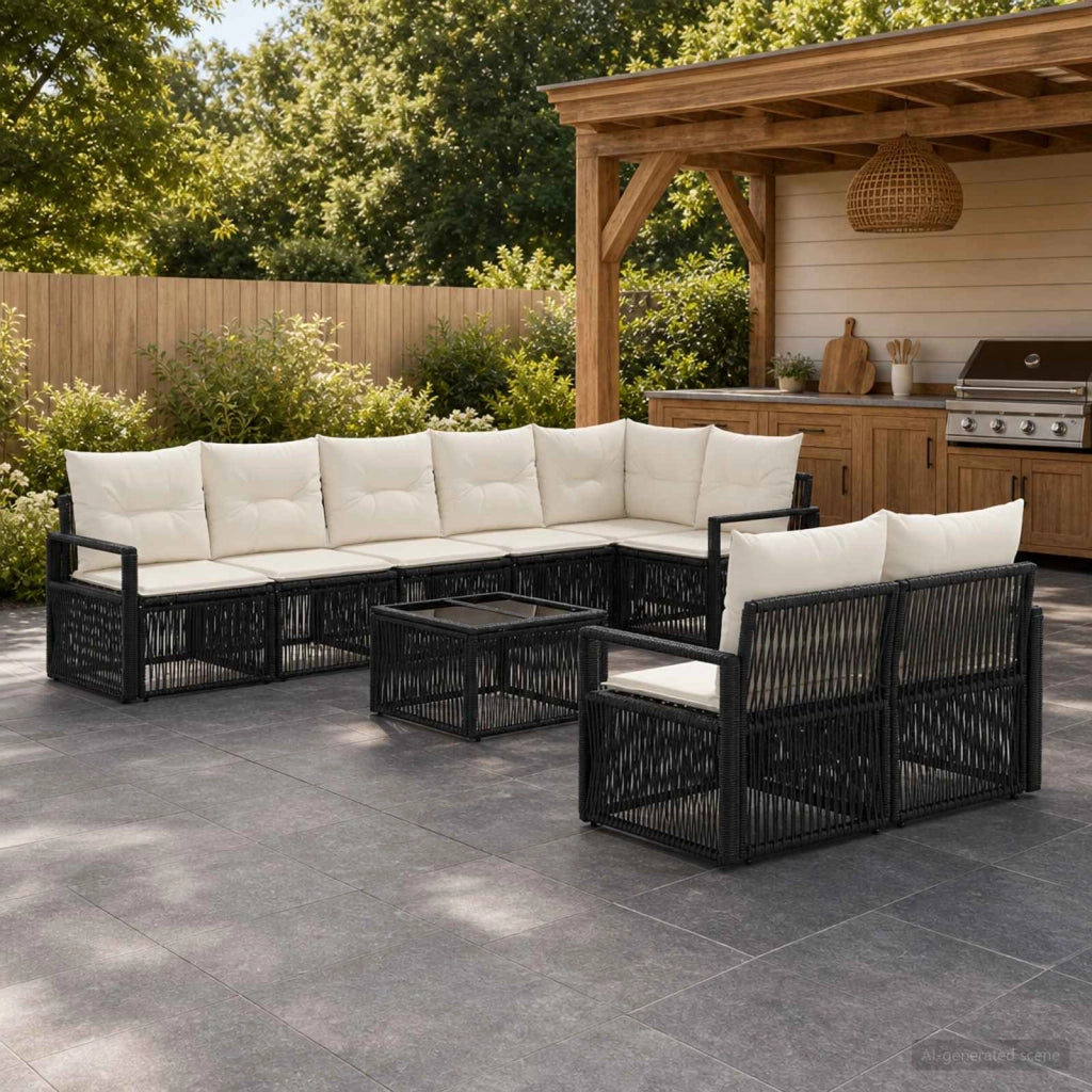 Set Divano da Giardino 9 pz Nero polyrattan 3435775