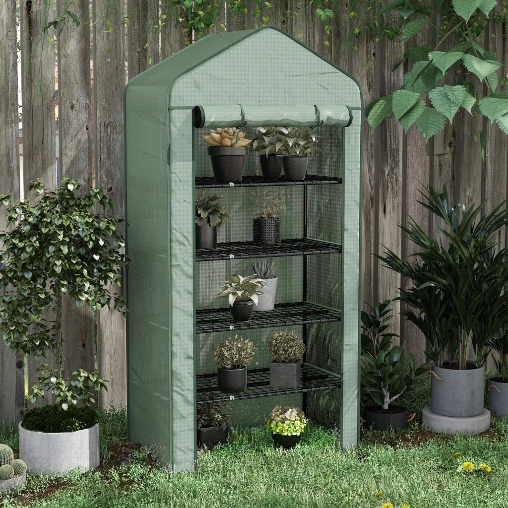 Serra a Casetta a 5 Livelli con Ingresso Avvolgibile 90x49x193 cm in Acciaio e Polietilene Verde