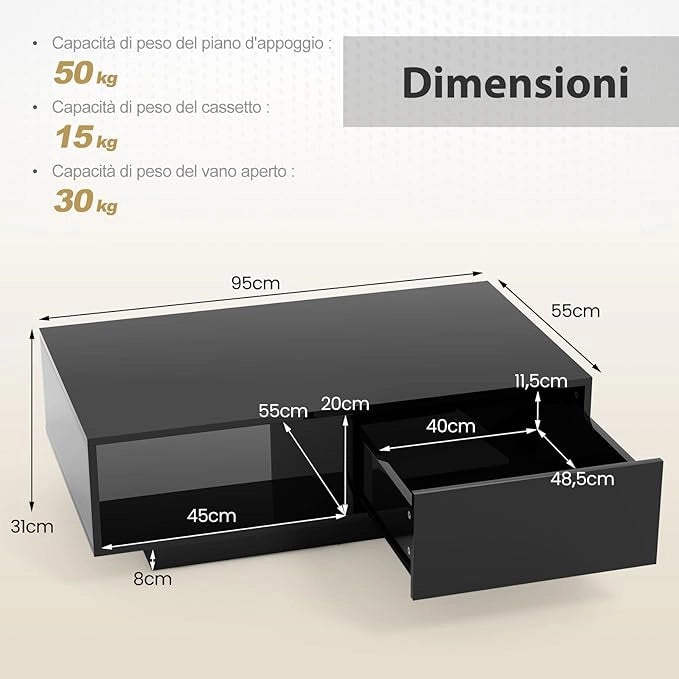 Tavolino da Salotto in Legno, Tavolino Moderno e Rettangolare con 20 Colori di Luci a LED, Telecomando, Cassetto e Ripiano Aperto, Tavolino per Studio e Ufficio (Nero)