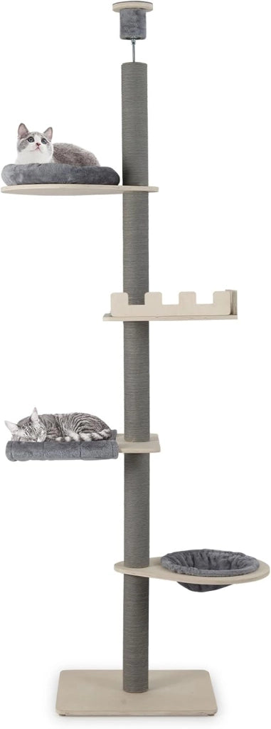 Albero per Gatti da Interno, Tiragraffi per Gatti Regolabile in Altezza da 236 a 271 cm con Piattaforma, Cesta Letto e Tiragraffi, Mobile per Gattini in Legno