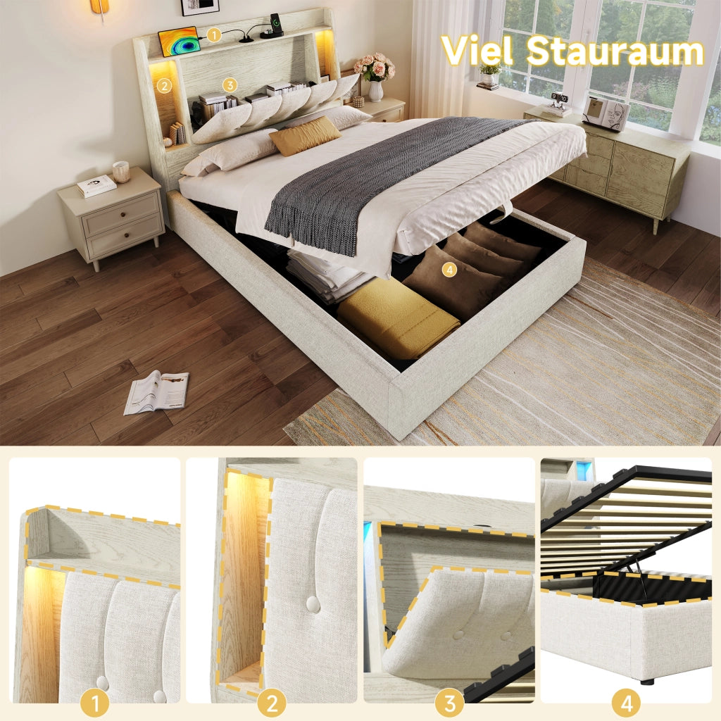 Letto imbottito singolo 90×200 cm con USB Type-C; LED e testiera con vani; senza materasso; lino; beige