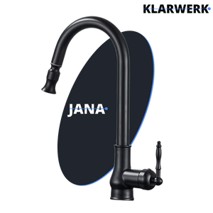 JANA | Rubinetto da cucina estraibile vintage in acciaio inossidabile nero antico | miscelatore arco alto |alta pressione ruotabile a 360° 2 attacchi