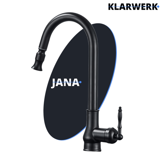JANA | Rubinetto da cucina estraibile vintage in acciaio inossidabile nero antico | miscelatore arco alto |alta pressione ruotabile a 360° 2 attacchi