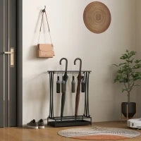 Portaombrelli con Vaschetta per l'Acqua, 21 Fori e 24 Ganci per Ombrello, in Acciaio, 50x24x68 cm, Nero