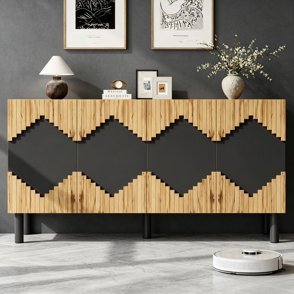 Credenza e madia con 4 ante push-open e 4 vani, per soggiorno, in MDF e truciolare, naturale nero, 140 × 40 × 70 cm