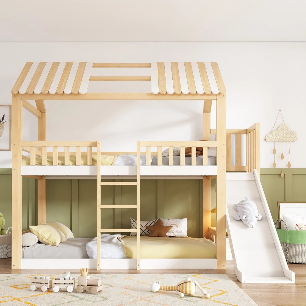 Letto bambini 90x200cm con tetto a timpano, scivolo, mensola laterale, bianco e legno naturale