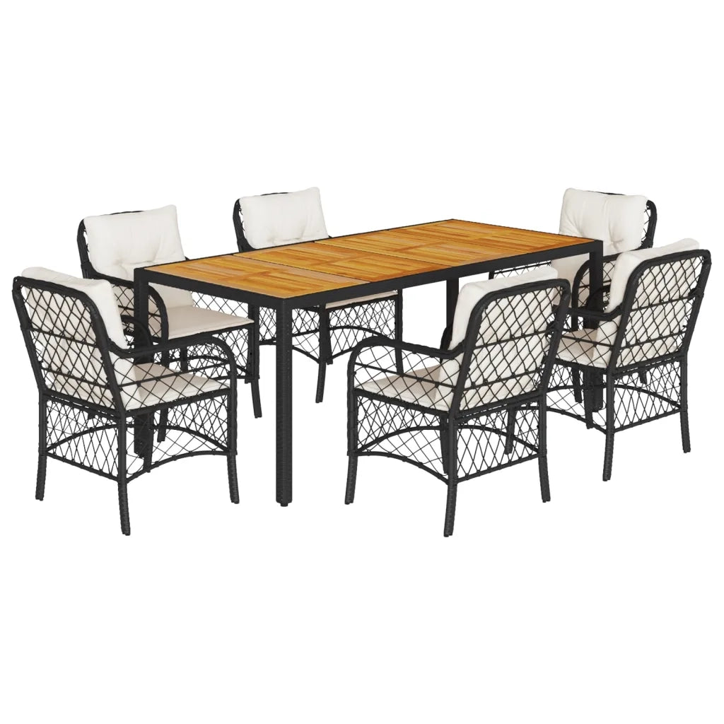 Set da Pranzo da Giardino 7 pz Nero con Cuscini in Polyrattan 3212040