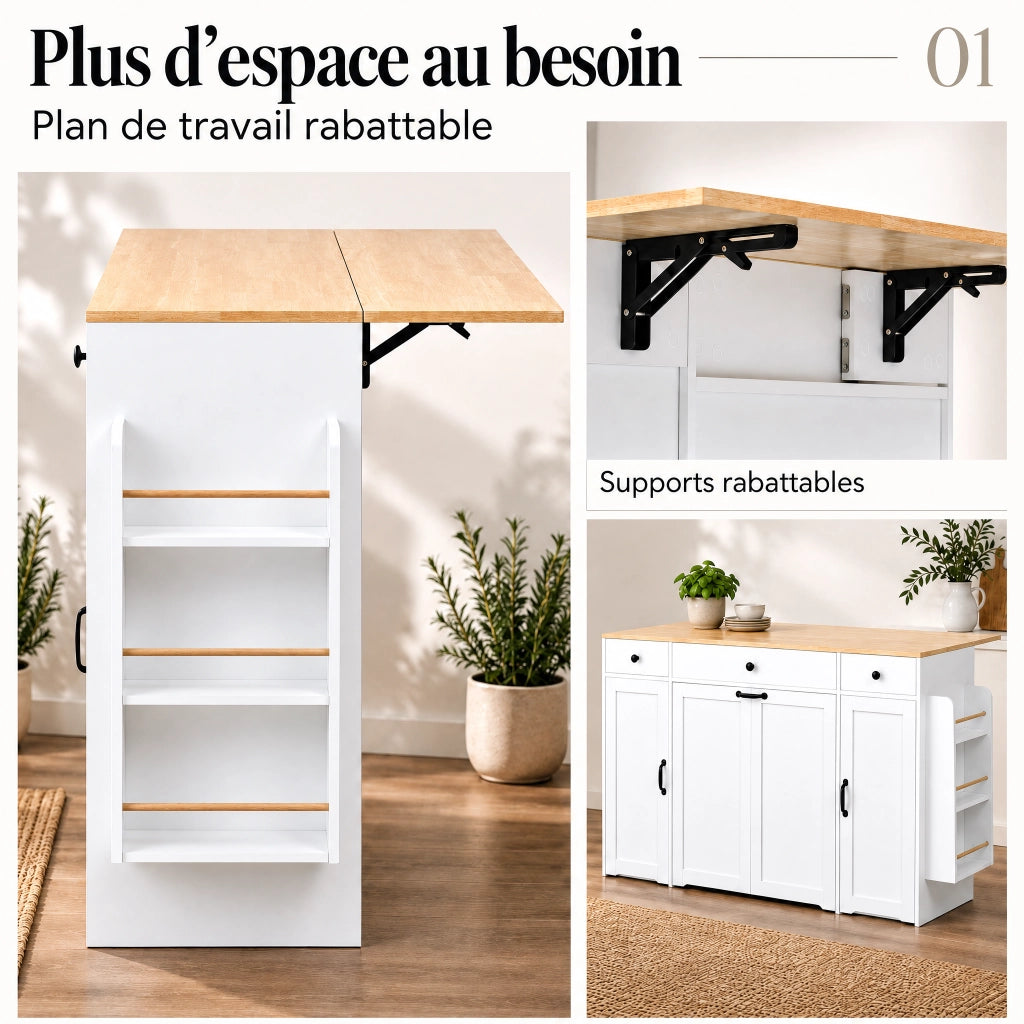 Sideboard bianco con 3 cassetti, 2 ante e piano superiore color legno per cucina e sala da pranzo
