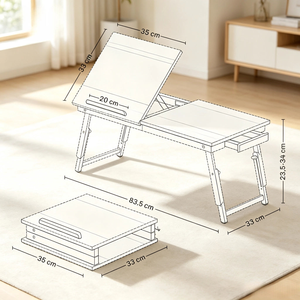 Scrivania pieghevole multifunzionale con piano inclinabile e cassetto - per letto e divano