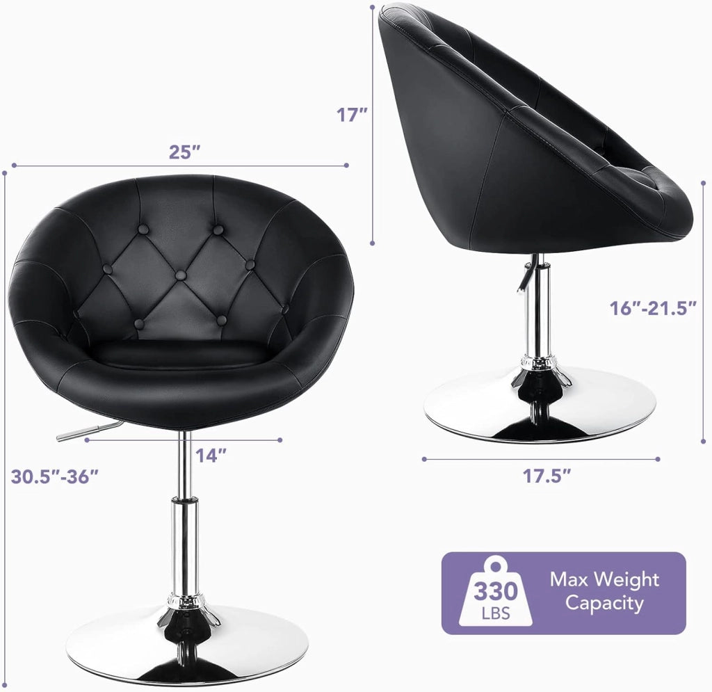 Vanity - Set da trucco regolabile in altezza, con barra posteriore rotonda trapuntata, struttura cromata, sedie moderne in pelle, colore: nero