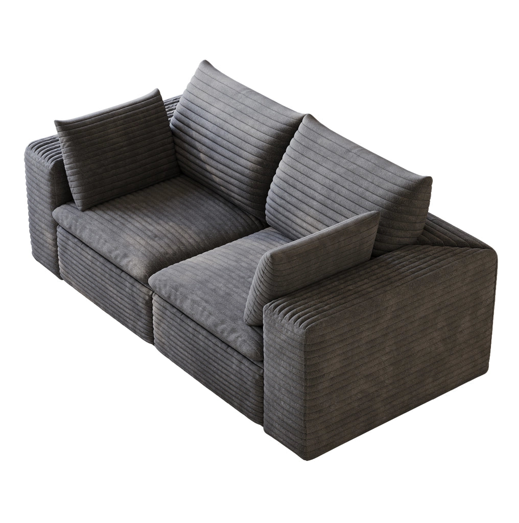 Divano modulare in tessuto grigio scuro con supporto in schiuma; design componibile