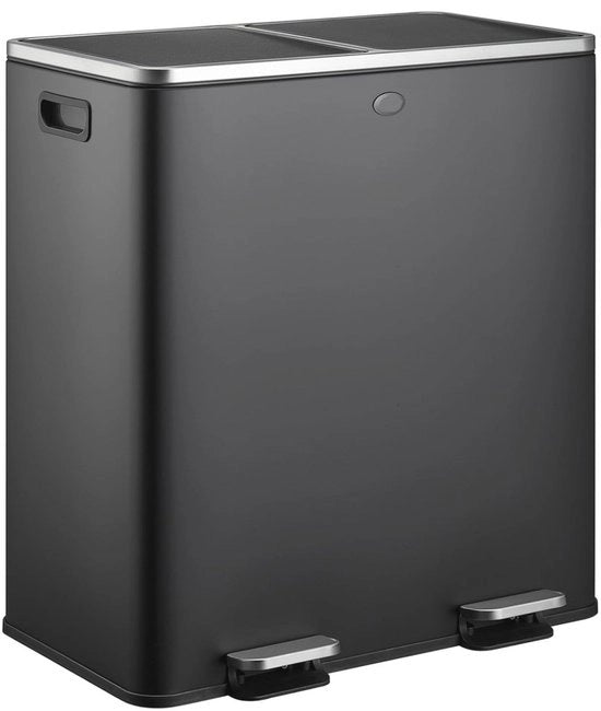 Pulitore di Pedale per Differenziazione Rifiuti - 60 Litri di Contenitore dei Rifiuti con 2 Celle - Chiusura Soft RVS per Cucina o Ufficio - Nero Opaco