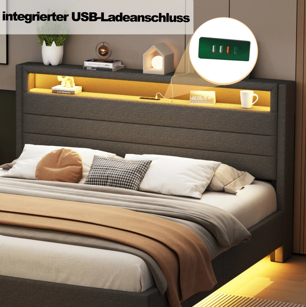 Letto imbottito 160x200 cm con USB; LED e testiera reversibile grigio