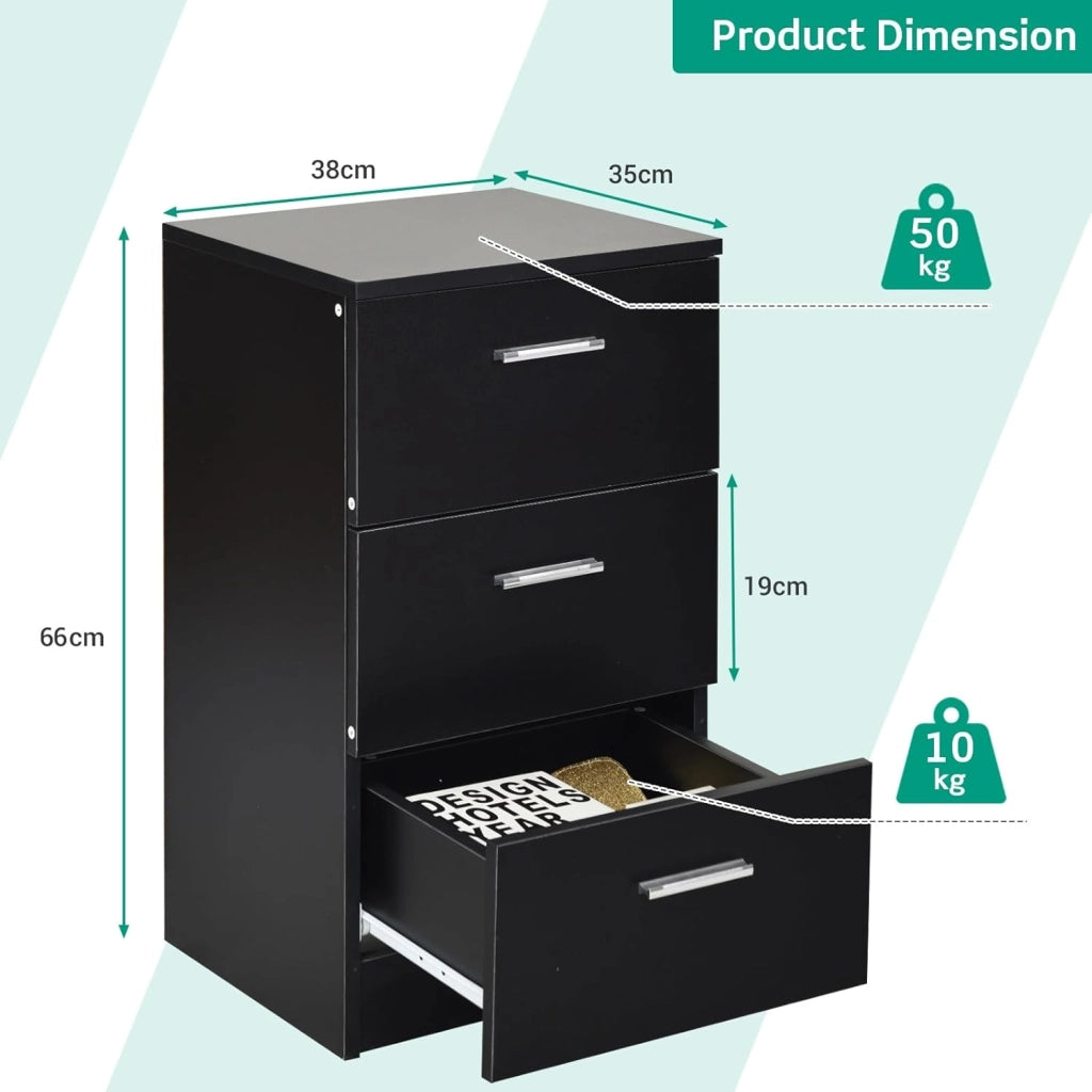 Comodino Camera, Armadietto Laterale, Mobiletto Fianco Letto, con 3 Cassetti, per Ufficio/Soggiorno/Studio, Portata di 80kg, 38x35x67cm, Nero/Bianco