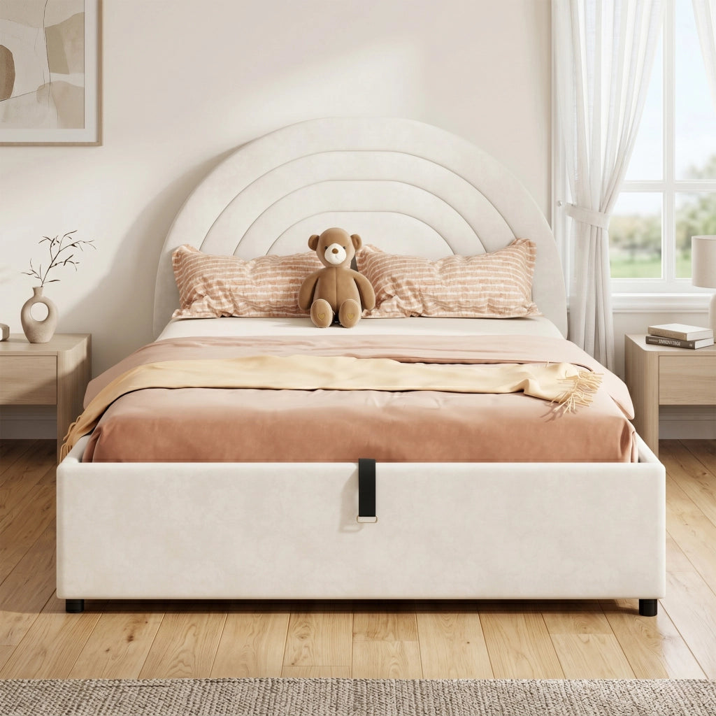 Letto per bambini 140 x 200 cm, letto imbottito, letto per ragazzi, in velluto, con contenitore, color beige
