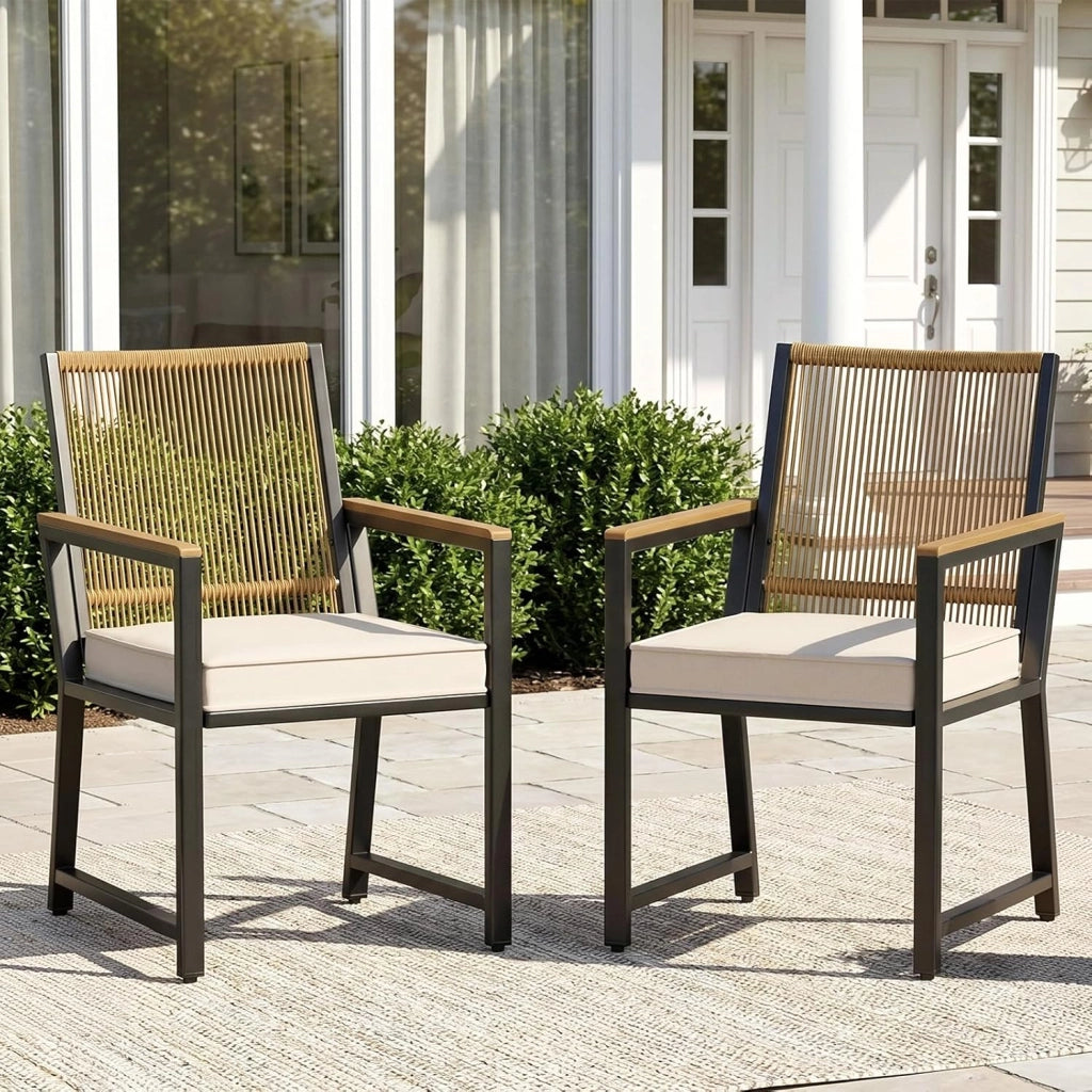 Set di 2 sedie da giardino in rattan, resistenti alle intemperie, con braccioli in WPC, sedie per esterni con cuscino rimovibile, sedie da pranzo in metallo, portata fino a 160 kg, per