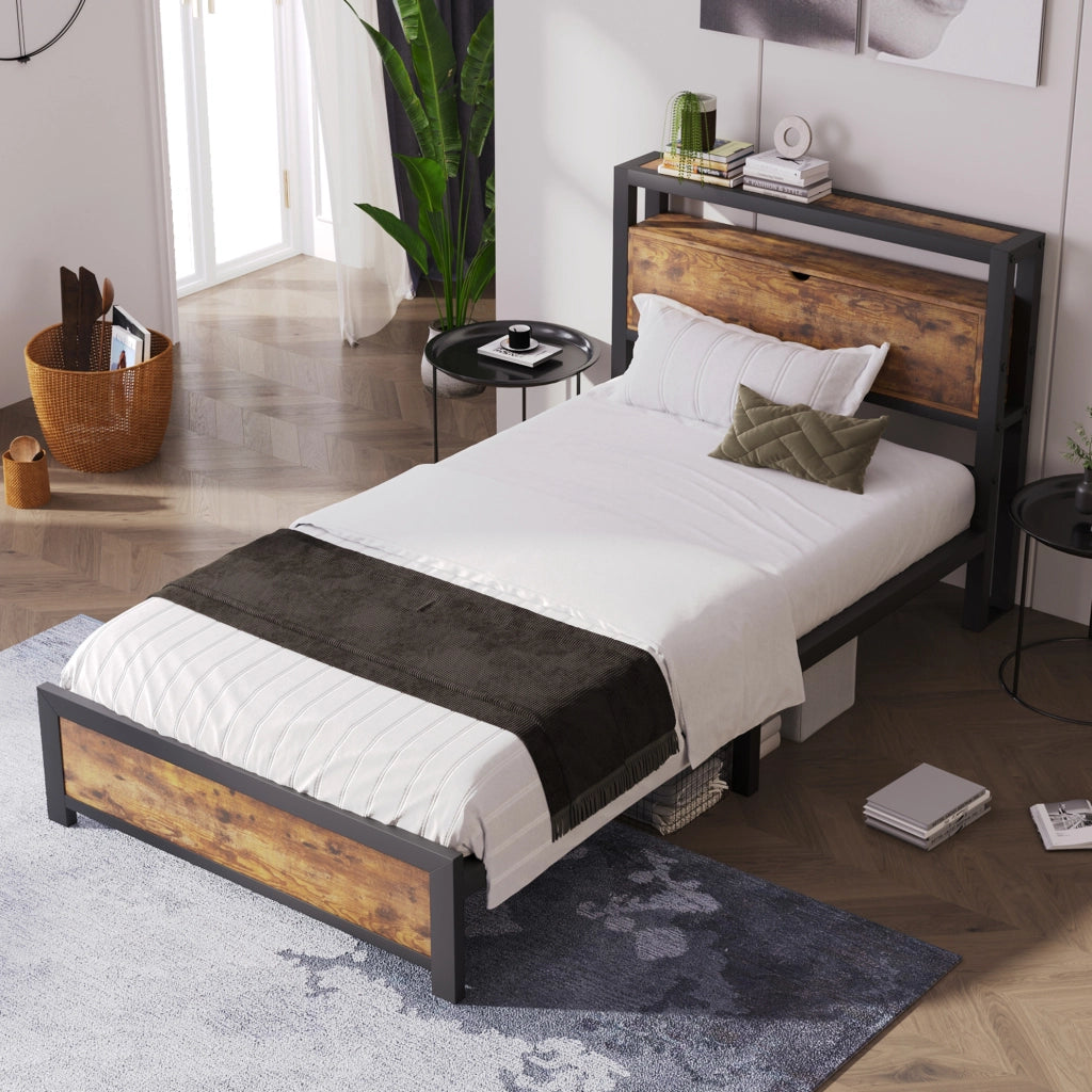 Letto singolo 90x200 cm; testiera con ripiani; metallo e legno; colore naturale (Senza materasso)