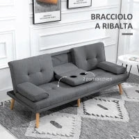 Divano Letto 3 Posti Reclinabile con 2 Braccioli Staccabili, in Tessuto Effetto Lino e Legno di Pioppo, 181x77x78 cm
