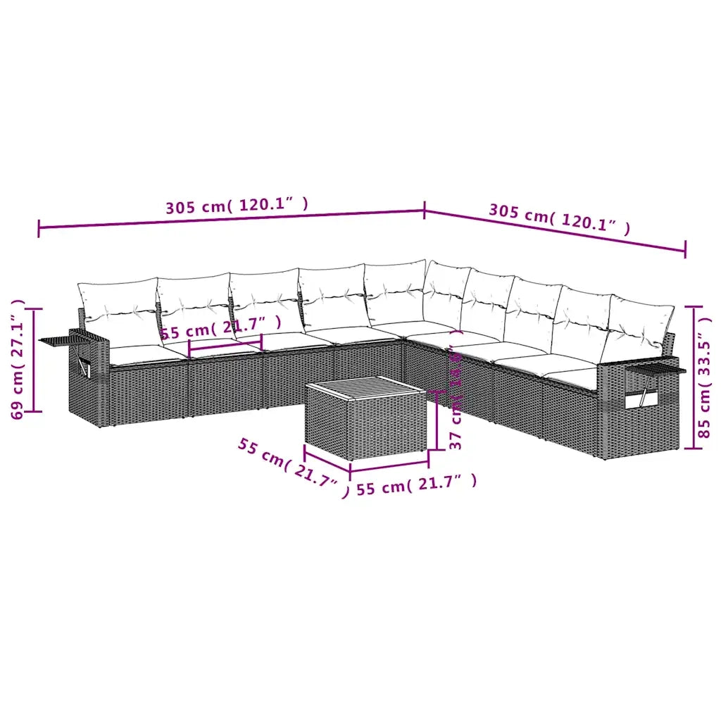 Set Divani da Giardino 10 pz con Cuscini Nero in Polyrattan 3224608