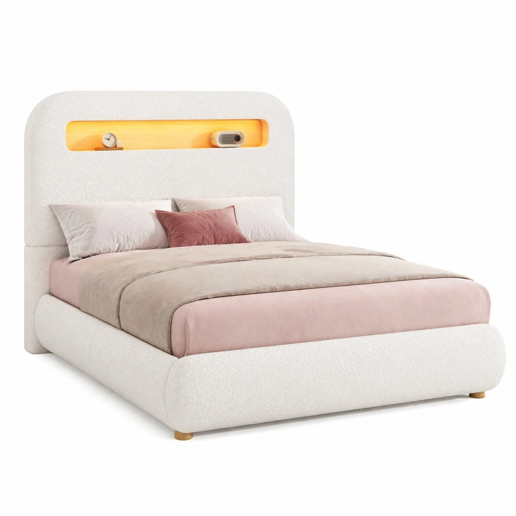 Letto singolo imbottito 90x200 cm con contenitore idraulico, LED e rete a doghe, bianco bouclé