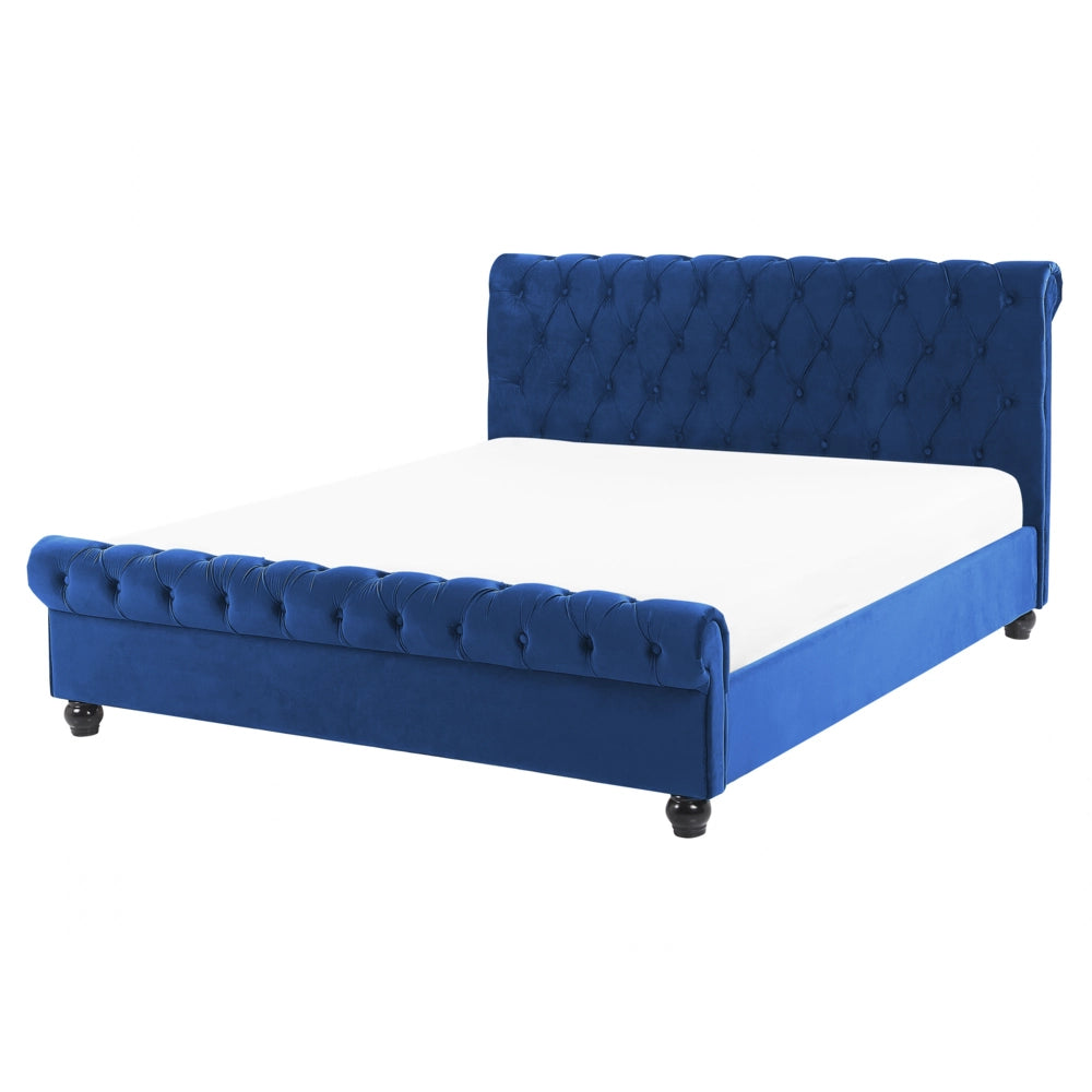 Letto Rivestimento in velluto blu Gambe in legno Nero 160 x 200 cm capitonnè Glam