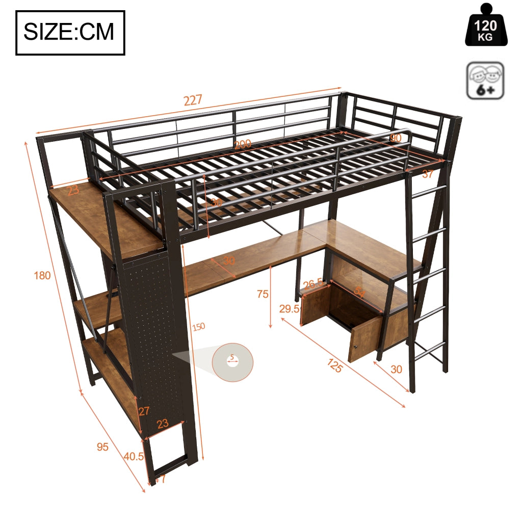 Letto a soppalco singolo 90×200 cm con LED; scrivania; ripiani e USB; senza materasso; metallo; nero