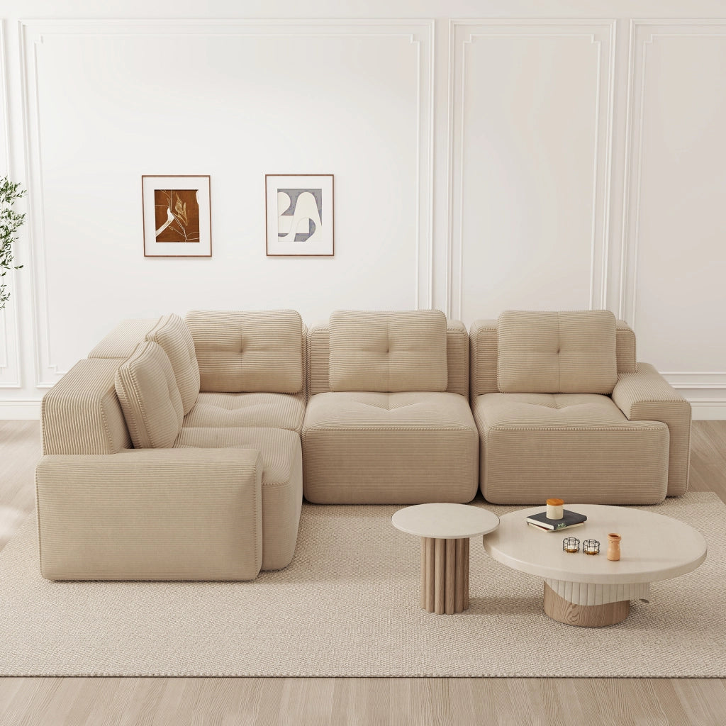 Divano angolare modulare in velluto a coste con base antiscivolo e braccioli ampi senza montaggio per soggiorno beige