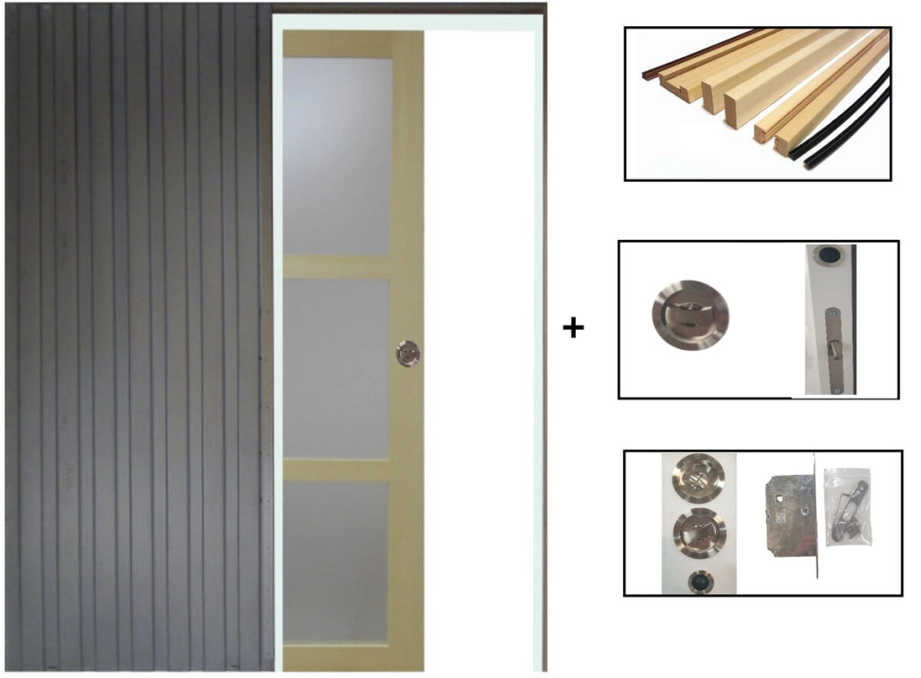 Porta scorrevole vetrata 3 piastrelle smerigliate impiallacciatura Ayous H204 x L73 + sistema a cerniera e rivestimento in dotazione senza maniglia