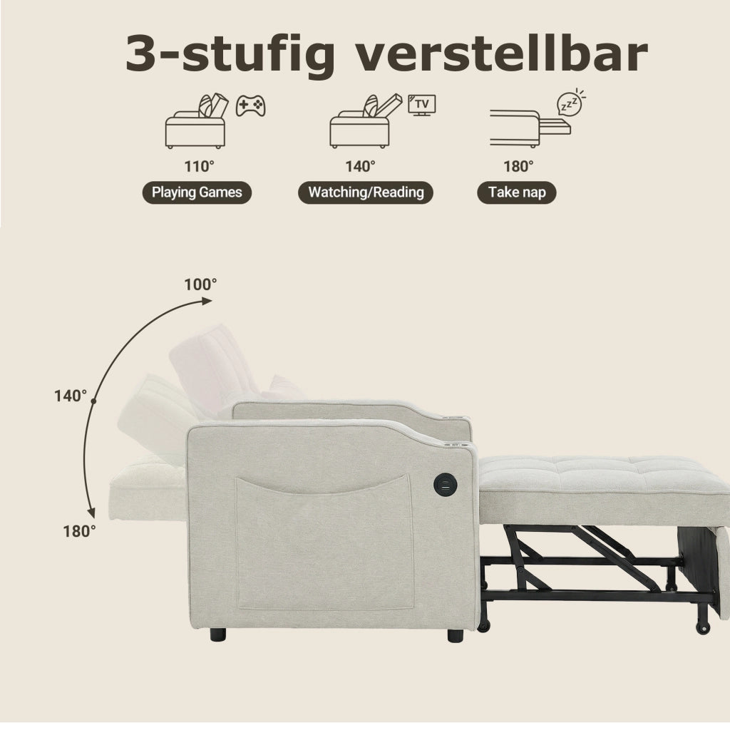 Poltrona letto convertibile con schienale regolabile a 3 posizioni e porte USB e USB-C in tessuto beige 190 × 85 × 86 cm