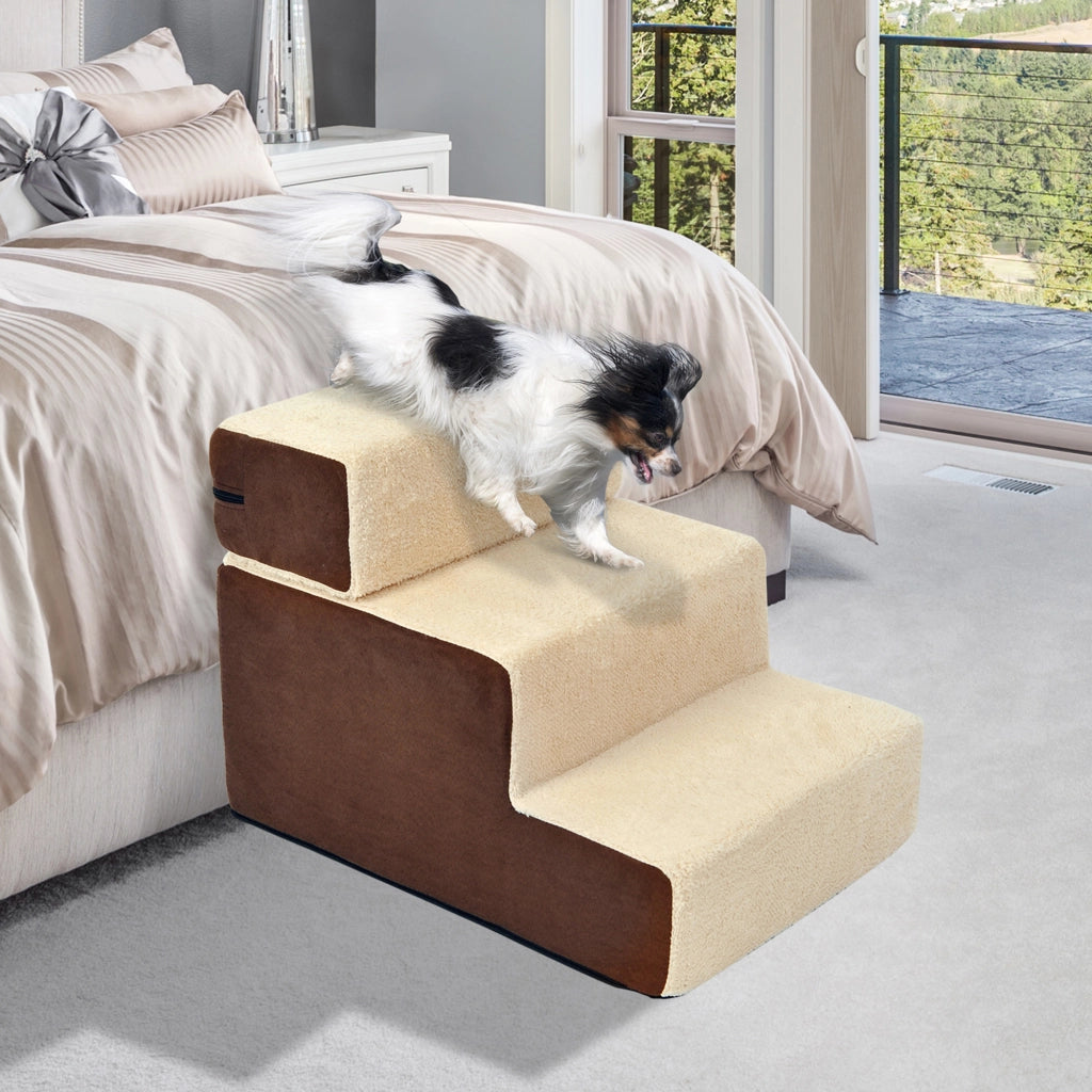 Scala per animali domestici in schiuma beige a 3 gradini con rivestimento in peluche 54x40x39 cm