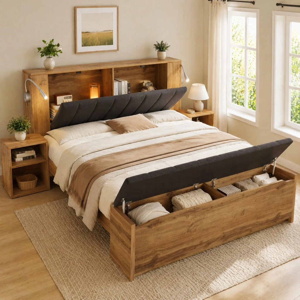 Letto matrimoniale 160x200 cm con comodini, panca e USB