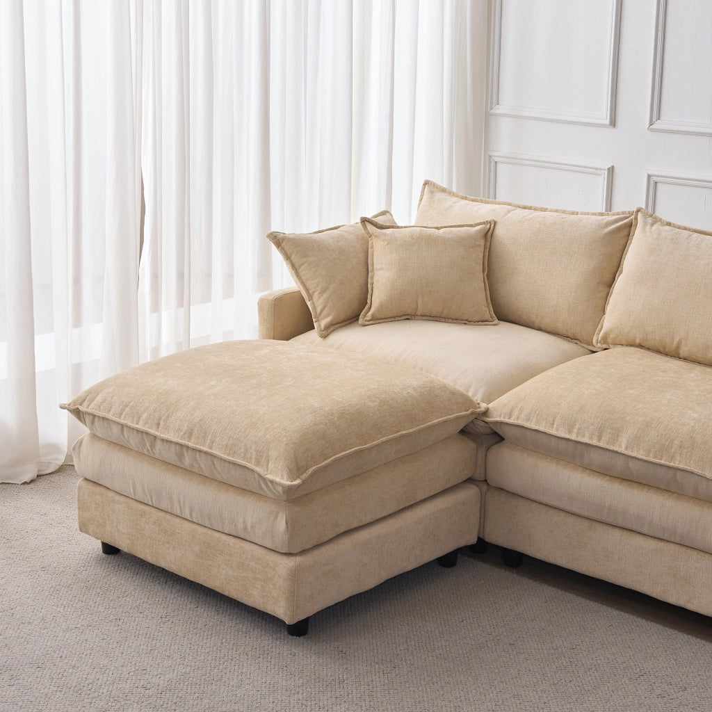 Divano Angolare Modulare 3 Posti con Chaise Longue e Pouf mobile, Cuscini inclusi, in Ciniglia Caffè Chiaro