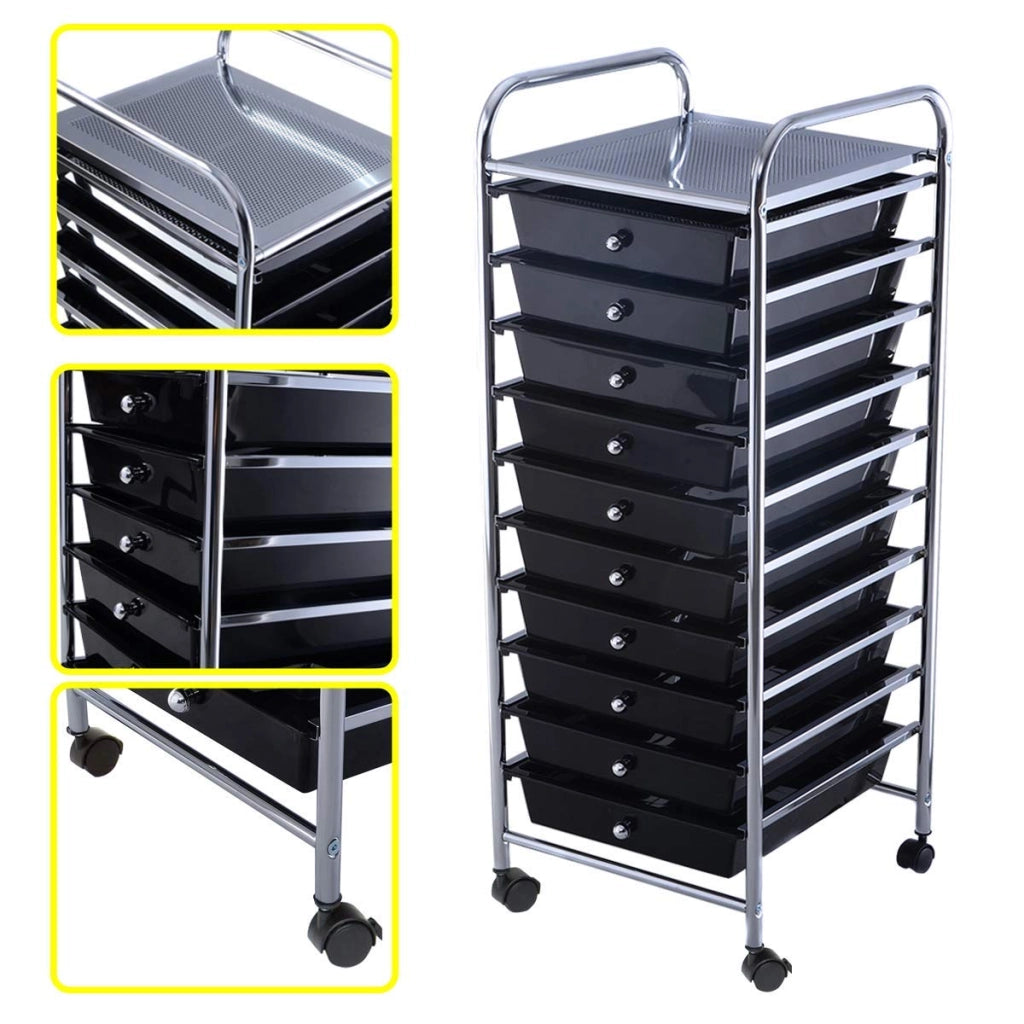 Carrello con 10 Cassetti da Stoccaggio Contenitore Multiuso con Ruote a Freno, per Casa e Ufficio, di Metallo e Plastica